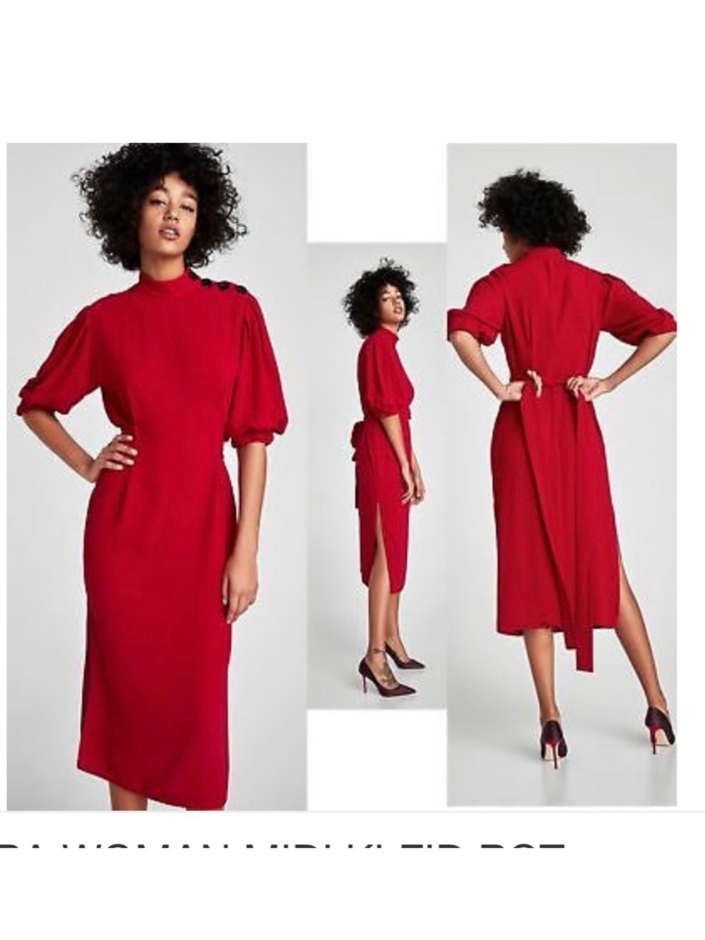 Zara Modern Red Midi Dress with Puff Sleeves and Back Tie